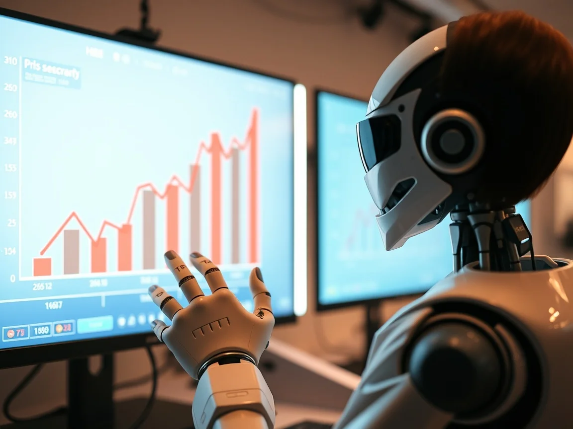 Osoba i robot patrzą na rosnący wykres słupkowy na monitorze.
