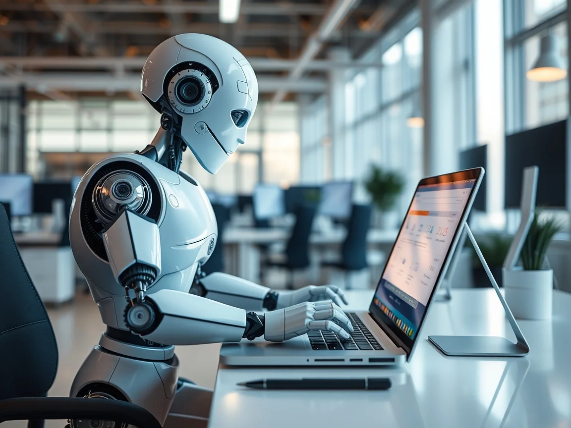 Robot pisze na laptopie w jasnym biurze