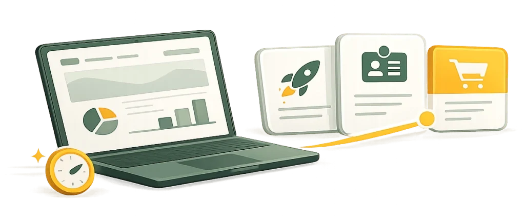 Cennik stron internetowych – laptop z makietą strony i ikonami pakietów: landing page, strona firmowa, sklep WooCommerce i B2B