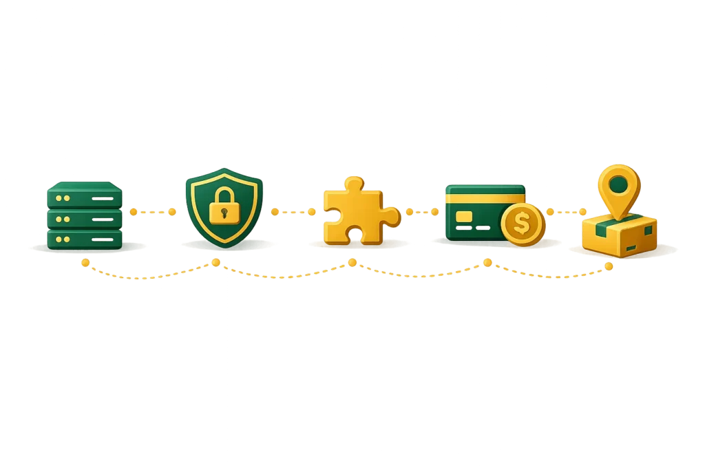 Ikonografika procesu wdrożenia sklepu WooCommerce od hostingu i SSL po płatność i wysyłkę.