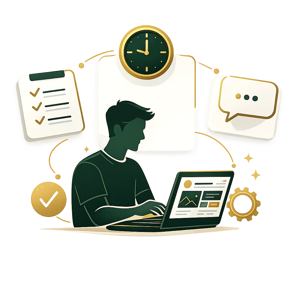 Freelancer tworzący stronę internetową z checklistą zakresu i terminów