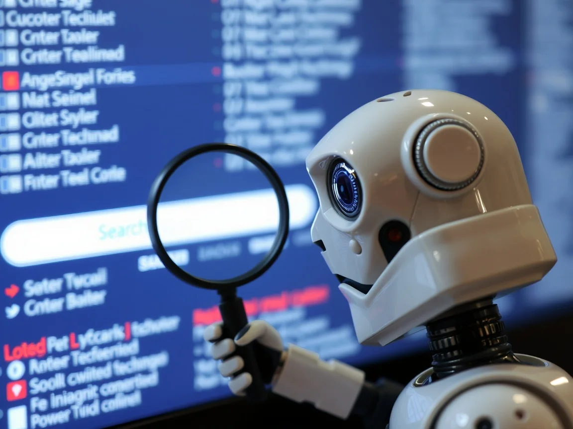 Robot z lupą patrzy na pasek wyszukiwania. AI w SEO: Wpływ sztucznej inteligencji na pozycjonowanie?