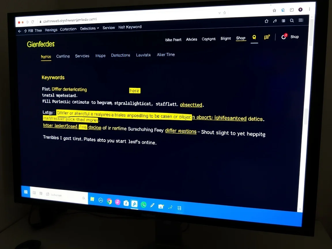 Monitor komputera pokazuje stronę z wyróżnionymi słowami kluczowymi na żółto.