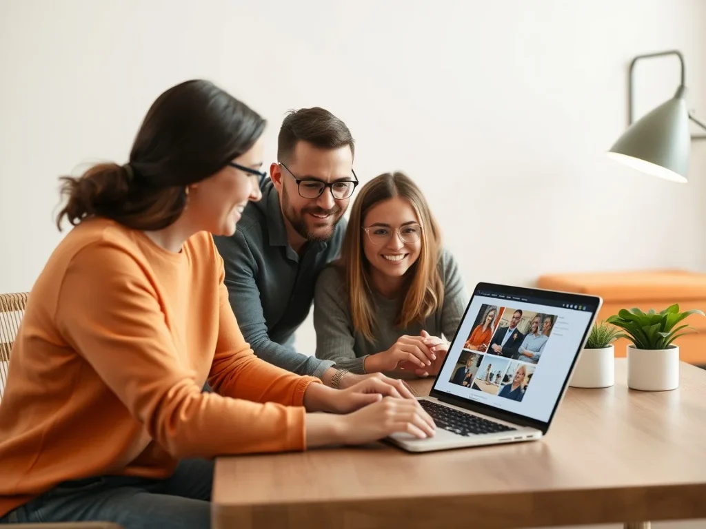 Mały zespół patrzy na laptop z projektem strony