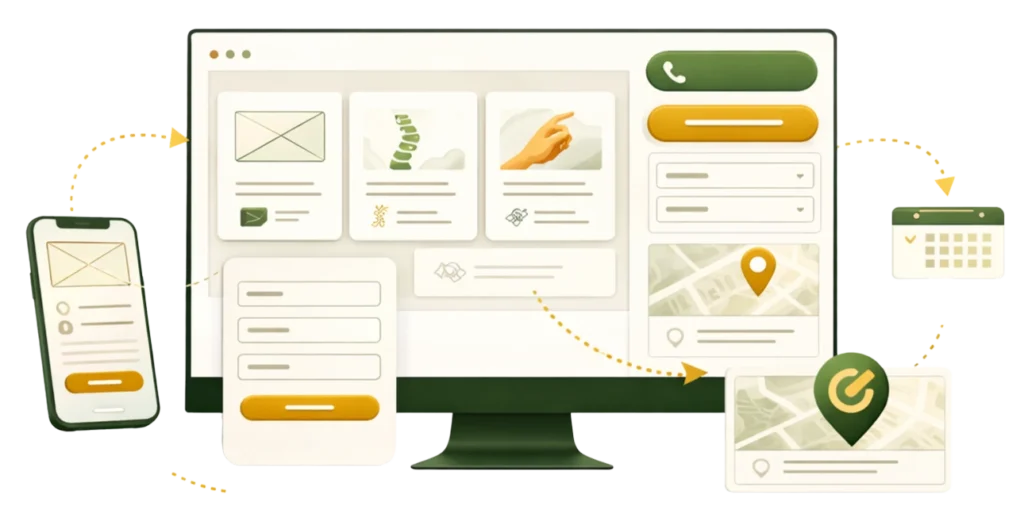 Grafika przedstawiająca zakres realizacji strony internetowej dla fizjoterapeuty: usługi, kontakt, mapa, wersja mobilna i struktura strony