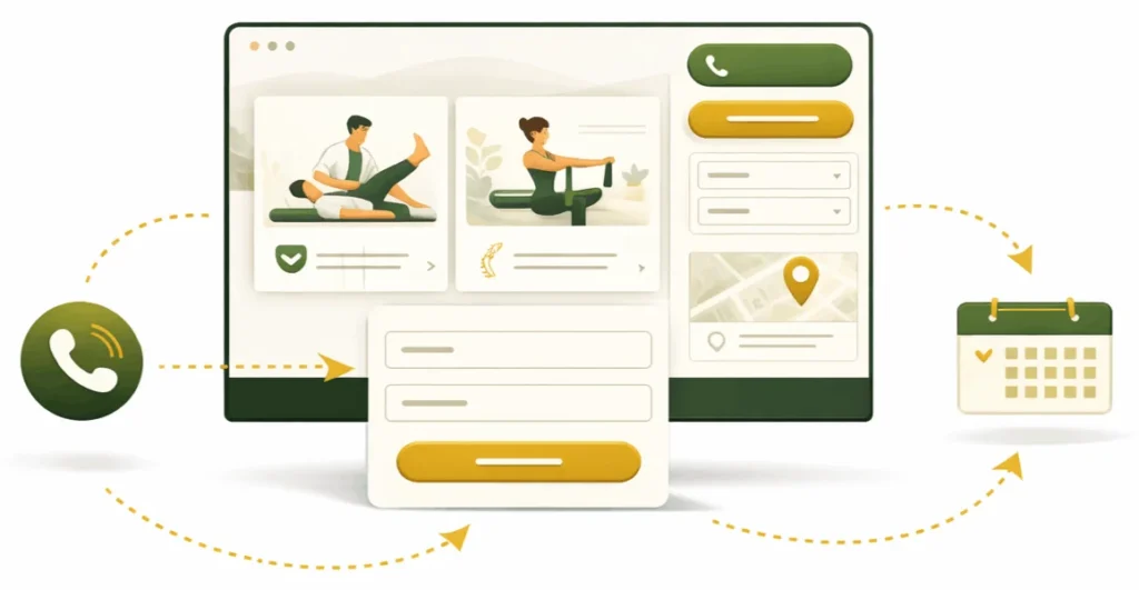 Grafika pokazująca stronę internetową dla fizjoterapeuty z widocznym kontaktem, lokalizacją gabinetu i prostą ścieżką do umówienia wizyty