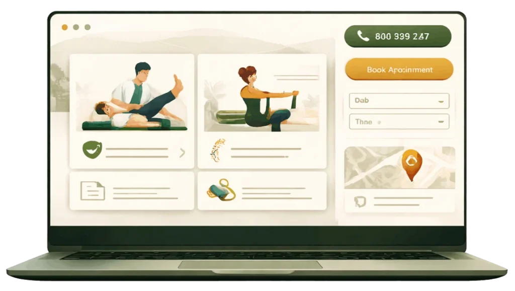 Nowoczesna grafika przedstawiająca stronę internetową dla fizjoterapeuty z czytelną ofertą, kontaktem i możliwością rezerwacji wizyty. Strona internetowa dla fizjoterapeuty.