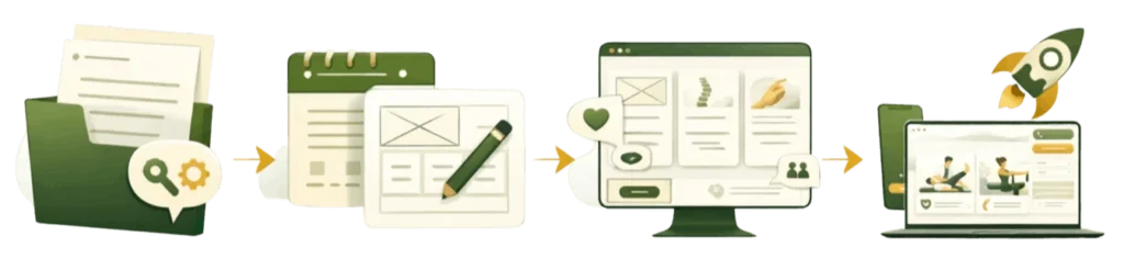 Grafika pokazująca etapy współpracy przy tworzeniu strony internetowej dla fizjoterapeuty: brief, planowanie, projekt i wdrożenie